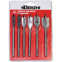 Набор перовых свёрл по дереву 6шт Derzhi, 10,12,16,18,20,25 мм  картинка